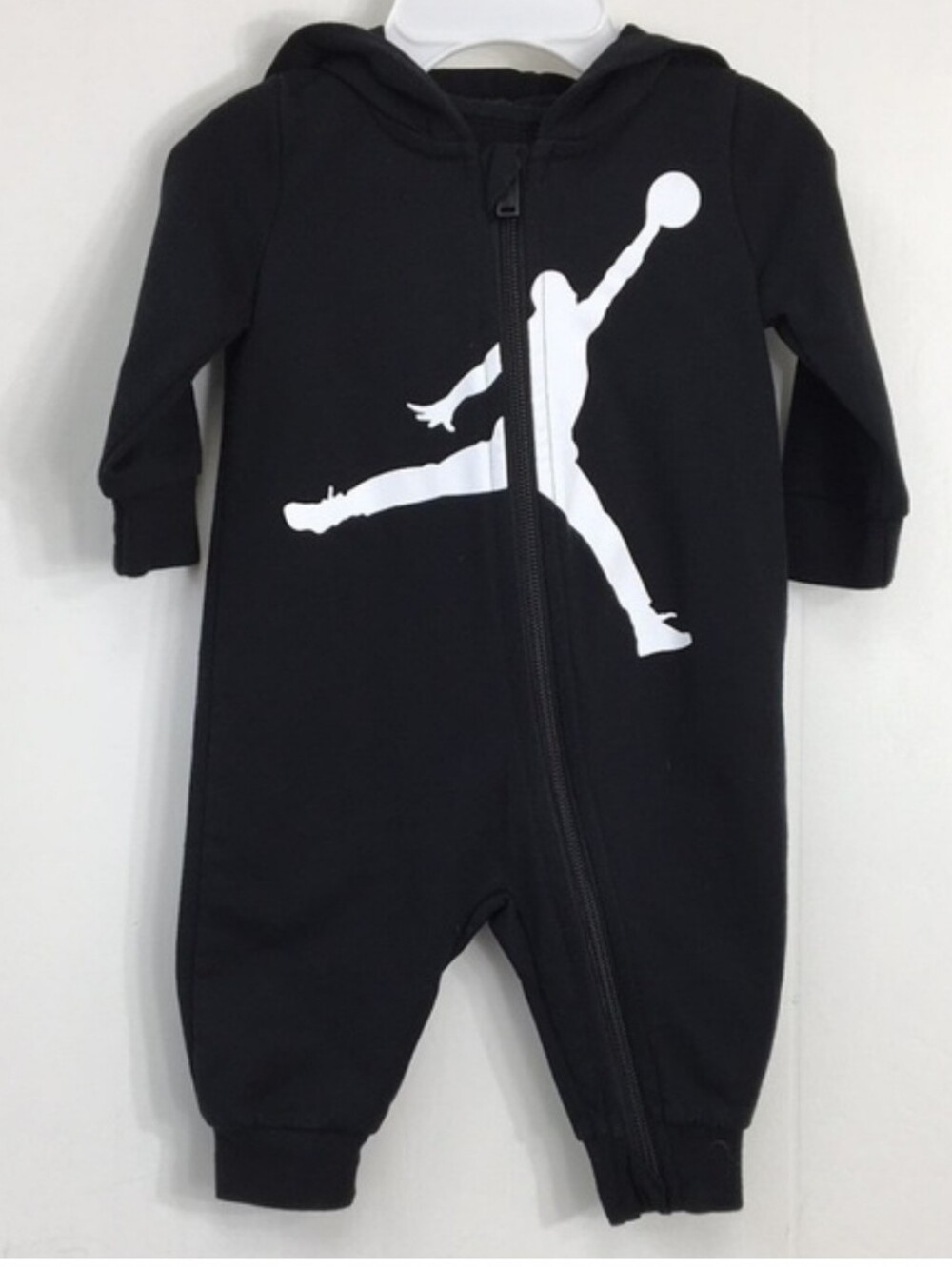 Nike Jordan Black Hooded Baby One-Piece with White Jumpman. Newborn. Sporty